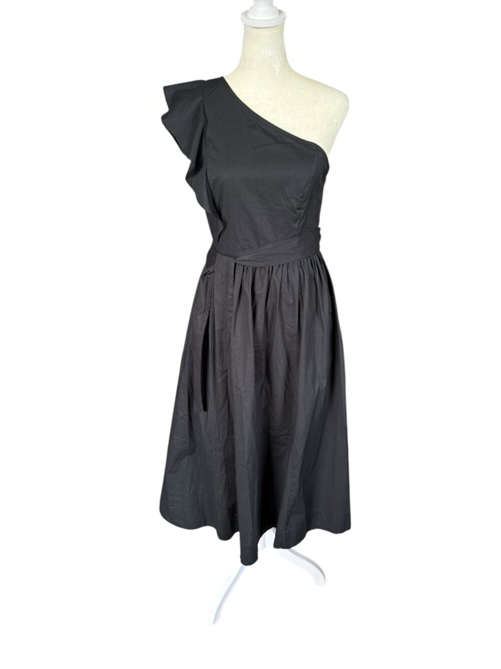 J. Crew women's black one shoulder pleated ruffle sleeve A-line midi dress 2